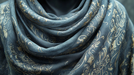 Detailed close-up of a black fabric featuring delicate silver floral embroidery, showcasing craftsmanship at a textile fair in an urban setting.の素材