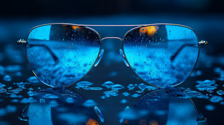 Sunglasses with blue reflective lenses rest on a smooth surface, capturing intricate light patterns in the reflection. The dark backdrop enhances the vibrant colors and sleek design.の素材