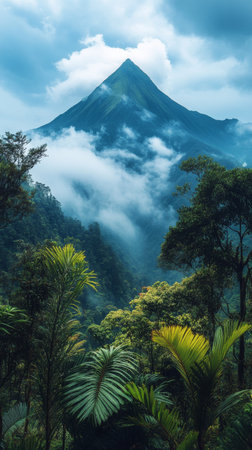 Lush greenery envelops a towering mountain peak, with thick clouds and mist creating a mystical atmosphere in this tranquil environment, showing nature's beauty.の素材