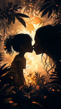 A mother leans down to kiss her child, creating a warm silhouette against a glowing sunset. They are framed by soft foliage, capturing a peaceful bond and love.の素材