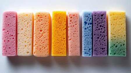 A variety of sponges in bright colors sit aligned on a surface, illustrating distinct textures and shades. The arrangement highlights their aesthetic appeal and functionality.の素材