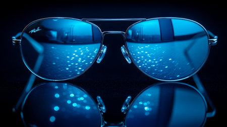 Sunglasses with blue reflective lenses rest on a smooth surface, capturing intricate light patterns in the reflection. The dark backdrop enhances the vibrant colors and sleek design.の素材
