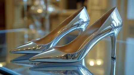 Shiny silver high heels are positioned elegantly in a boutique, highlighting their sleek design and polished surface. The modern decor adds to the fashionable ambiance.の素材