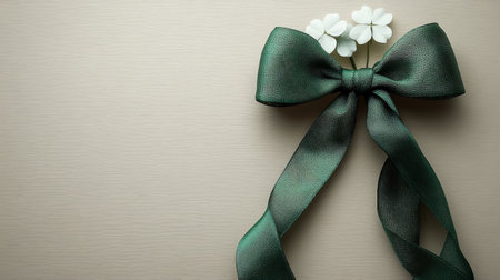 Lush green clovers and ribbons frame a light marble background, ideal for festive occasions or themed celebrations like St. Patrick's Day.の素材