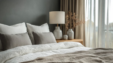 Relaxing bedroom features soft textiles, neutral color palette, and abundant natural light from a large window. Decorative vases and a stylish lamp complete the tranquil setting.の素材