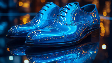 Stylish orange dress shoes are positioned on a polished wooden floor, showcasing their shine and craftsmanship. The background features cozy leather seating, adding to the ambiance.の素材