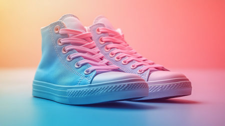 Bright white sneakers are positioned neatly on a vibrant blue and pink gradient background, highlighting their stylish look and versatility for casual wear.の素材