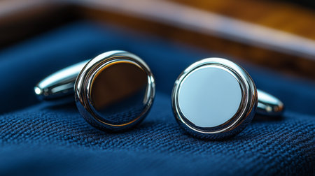 Silver cufflinks with a detailed design rest on a blue and gold plaid fabric. Their polished surface reflects light, showing their stylish craftsmanship and unique texture.の素材