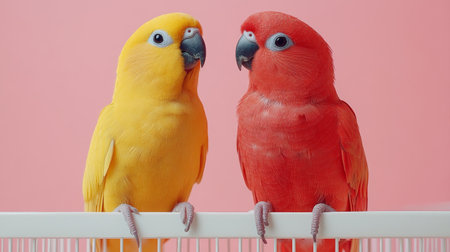 Two vibrant birds, one yellow and one red, perch side by side on a cage. They showcase their vivid feathers in a playful and lively atmosphere.の素材