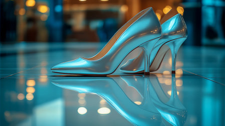 Two elegant high heel shoes are positioned on a reflective, glossy floor in a contemporary indoor environment featuring warm lighting that enhances their shine.の素材
