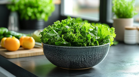 A bowl filled with fresh spinach sits on a kitchen countertop. Sunlight filters through the window, casting gentle shadows.の素材