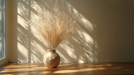 A ceramic vase filled with dried flowers is placed on a wooden surface in a softly lit room. Sunlight casts gentle shadows, enhancing the warm ambiance.の素材