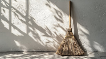 A broom leans against a textured wall, illuminated by sunlight streaming through windows, creating patterned shadows on the floor. The calm atmosphere enhances the scene.の素材