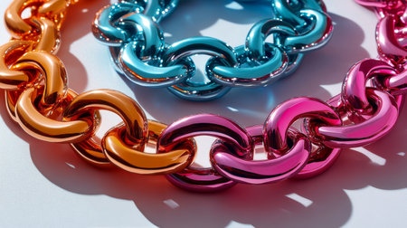 Brightly colored metallic chains in orange, blue, and pink are displayed in a striking arrangement, showing their shiny surfaces against a clean, light background.の素材