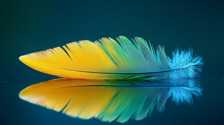 A vibrant feather in shades of yellow, blue, and green rests on a reflective surface.の素材