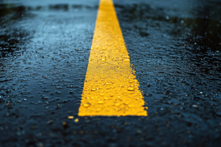 Rainwater puddles accumulate on the asphalt, reflecting a bright yellow line. Parked cars line the street under a cloudy sky, creating a gloomy but vibrant atmosphere.の素材