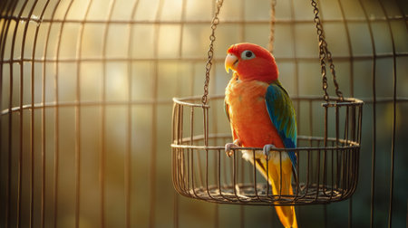 A bright parrot with orange, yellow, and green feathers is perched inside a cage, observing its surroundings with a curious expression, adding life to its enclosure.の素材