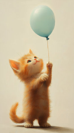 A small ginger kitten stands on its hind legs, clutching a blue balloon with its paw. Its bright eyes show excitement, set against a soft, muted background.の素材