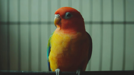 A bright parrot with orange, yellow, and green feathers is perched inside a cage, observing its surroundings with a curious expression, adding life to its enclosure.の素材