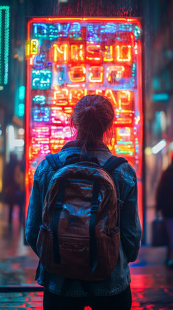 In a vibrant urban setting at night, a person with a backpack admires colorful neon signs while rain gently falls, creating a lively atmosphere and reflections on the pavement.の素材