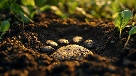 A clear paw print rests in moist soil surrounded by vibrant green plants, illuminated by the warm light of sunset, showing the harmony between wildlife and nature.の素材