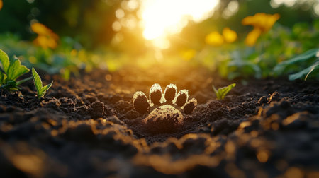A clear paw print rests in moist soil surrounded by vibrant green plants, illuminated by the warm light of sunset, showing the harmony between wildlife and nature.の素材