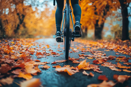 A cyclist in a red jacket rides along a road covered with colorful autumn leaves. The vibrant hues of red, orange, and yellow create a picturesque fall atmosphere.の素材