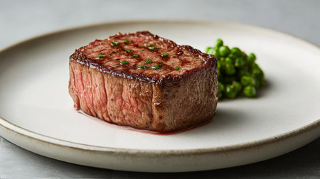 Juicy steak with a crispy outer layer sits on a plain plate, showcasing its seared surface and tender pink interior, ready for a gourmet dining experience.の素材