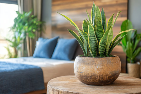 Sunlight streams through the window, casting gentle shadows on a wall and highlighting a green potted plant atop a rustic wooden table.の素材