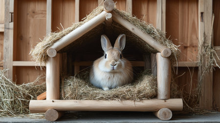 A fluffy rabbit sits peacefully on a wooden shelf inside a cozy home. Natural light floods the space, highlighting rustic decor and a view of lush greenery outside.の素材