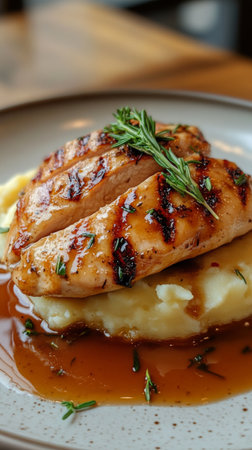 Grilled chicken breast glistens with savory sauce, placed atop a bed of creamy mashed potatoes. Fresh herbs add a touch of color and flavor, enhancing the dish's appeal.の素材