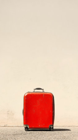 A bright red suitcase stands against an old, cracked wall, showing signs of wear. Sunlight casts a shadow, highlighting its unique color and design in the clear weather.の素材