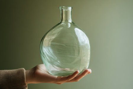 A person holds a clear glass vase showing a rounded design. The soft lighting highlights the smooth texture and elegance of the vase against a minimalistic backdrop.の素材