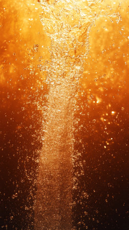 Water bursts upward from a surface, creating a cascade of droplets against a vivid orange backdrop, showing an energetic and lively moment.の素材