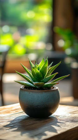 A vibrant indoor plant with distinct green leaves is positioned on a rustic wooden table. Soft sunlight filters through, highlighting the plant and creating a warm atmosphere.の素材
