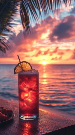 A colorful cocktail is served in a tall glass, adorned with pink flowers, as the sun sets over calm waters, creating a vibrant atmosphere at a beachside location.の素材