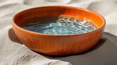Two vibrant ceramic bowls with blue interiors and orange exteriors sit filled with water on a smooth, sandy surface. The arrangement emphasizes the contrast of colors and textures.の素材
