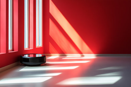 A robotic vacuum cleaner is working on a light surface in a room with red walls. Sunlight filters through the windows, creating dynamic shadows on the floor.の素材
