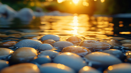 A series of smooth stones form a pathway through a gentle stream, illuminated by warm sunlight. Lush greenery frames the water, creating a serene atmosphere during sunset.の素材