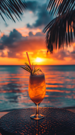 A colorful cocktail is served in a tall glass, adorned with pink flowers, as the sun sets over calm waters, creating a vibrant atmosphere at a beachside location.の素材