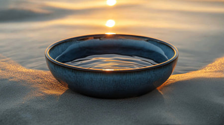 Two vibrant ceramic bowls with blue interiors and orange exteriors sit filled with water on a smooth, sandy surface. The arrangement emphasizes the contrast of colors and textures.の素材