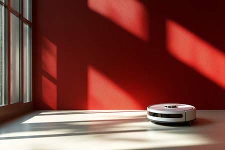 A robotic vacuum cleaner is working on a light surface in a room with red walls. Sunlight filters through the windows, creating dynamic shadows on the floor.の素材