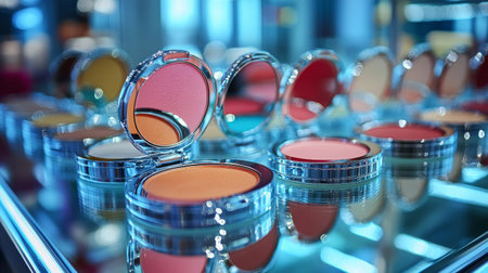 Elegant jewelry boxes with intricate designs are displayed on a reflective tray, showing their beauty under gentle illumination, creating a luxurious atmosphere.の素材