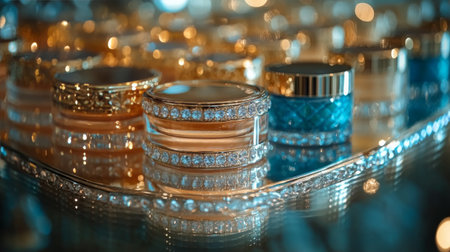 Elegant jewelry boxes with intricate designs are displayed on a reflective tray, showing their beauty under gentle illumination, creating a luxurious atmosphere.の素材