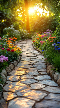 A vibrant path lined with blooming flowers leads through a lush garden, illuminated by golden sunlight in the early evening hours.の素材