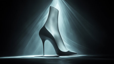 A stylish black high-heeled ankle boot features a distinctive woven texture and sharp silhouette. Dramatic lighting enhances its elegant look, emphasizing the unique design elements.の素材