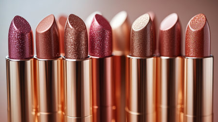 Various shades of lipstick are displayed in golden tubes, showing vibrant colors and finishes. The arrangement highlights the beauty and elegance of each product.の素材