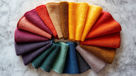 Vibrant towels in various colors are stacked neatly on a wooden table. Green plants provide a fresh atmosphere, enhancing the overall aesthetic.の素材