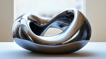 A modern artistic sculpture showcases smooth, flowing curves with a shiny metallic finish. The piece is displayed against a neutral backdrop, enhancing its design.の素材