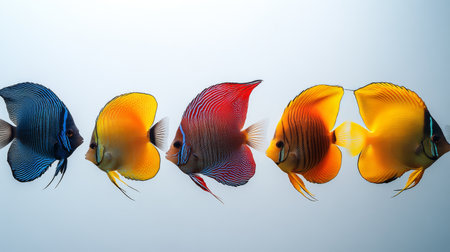 Colorful tropical fish move gracefully through a coral reef environment, showcasing their vibrant hues against the backdrop of the ocean, underwater tranquility, and marine beauty.の素材